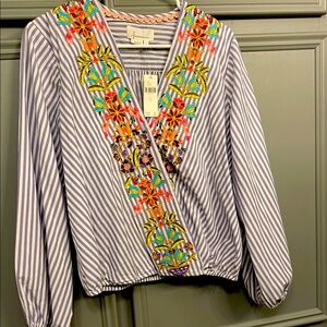 Striped Embroidered Wrap Top by Anthropologie